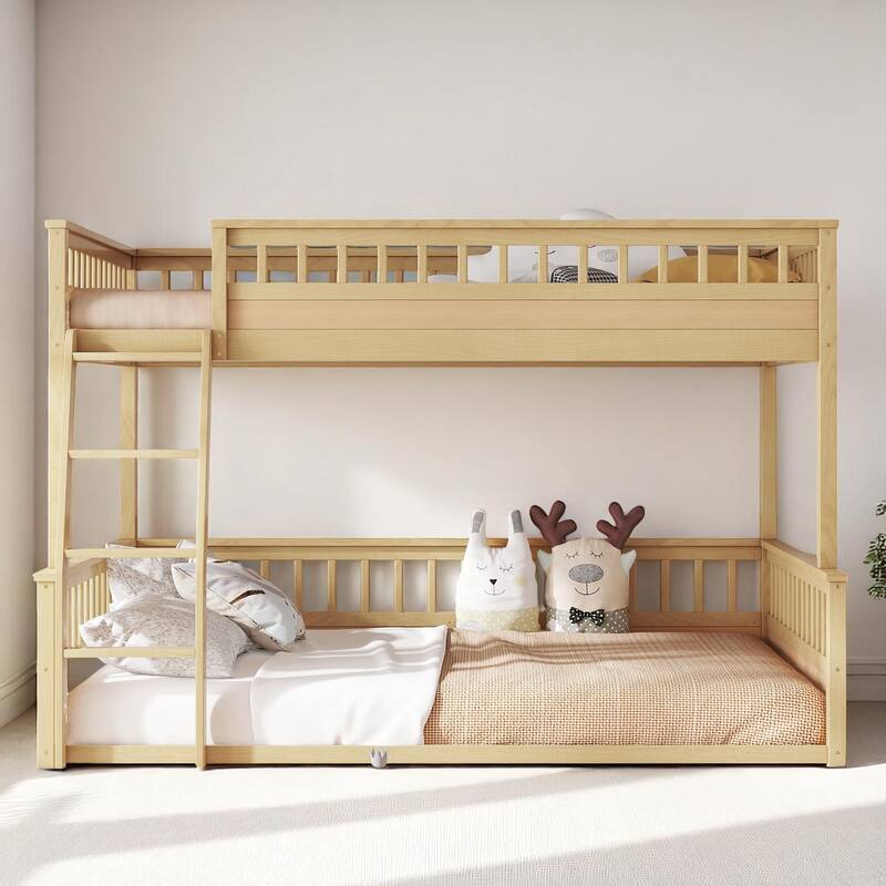 Convertible Twin XL Over Queen Size Bunk Bed with Safety Rails, Ladder and Wood Slats, No Box Spring Needed - Natural - Full