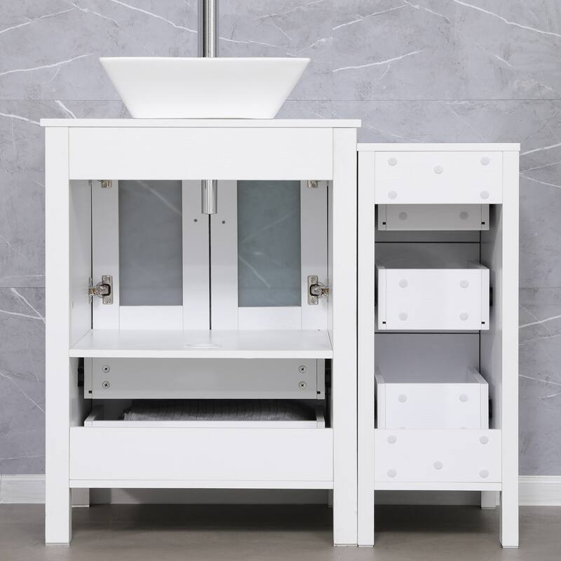 36" White Bathroom Vanity Sink Set with Side Cabinet Vessel Sink Faucet Combo