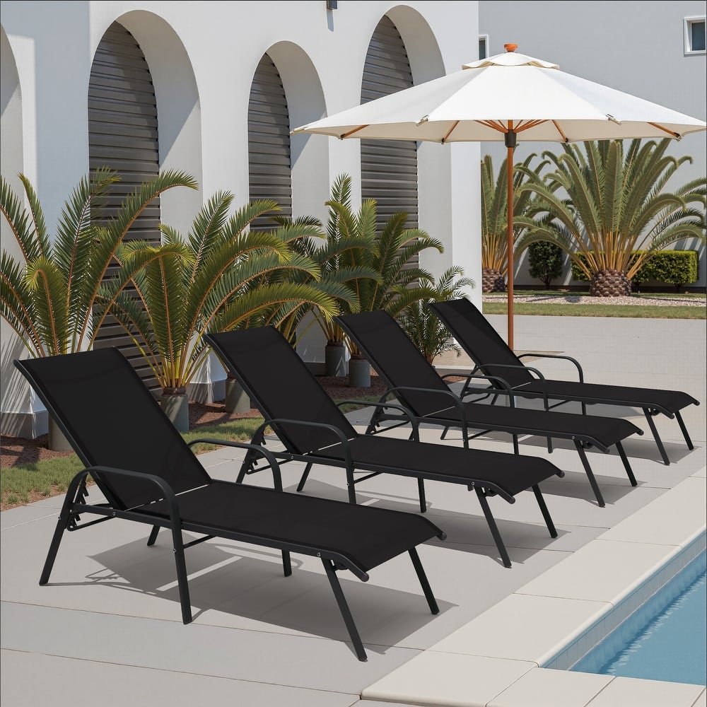 Set of 4 Outdoor Patio Adjustable Back Chaise Lounges Chairs with Arms