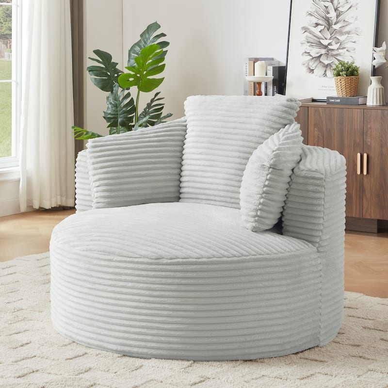 Compressible Corduroy Round Chair with Cushioned Backrest - Modern Comfort Seating for Living Room,Office - Light Grey