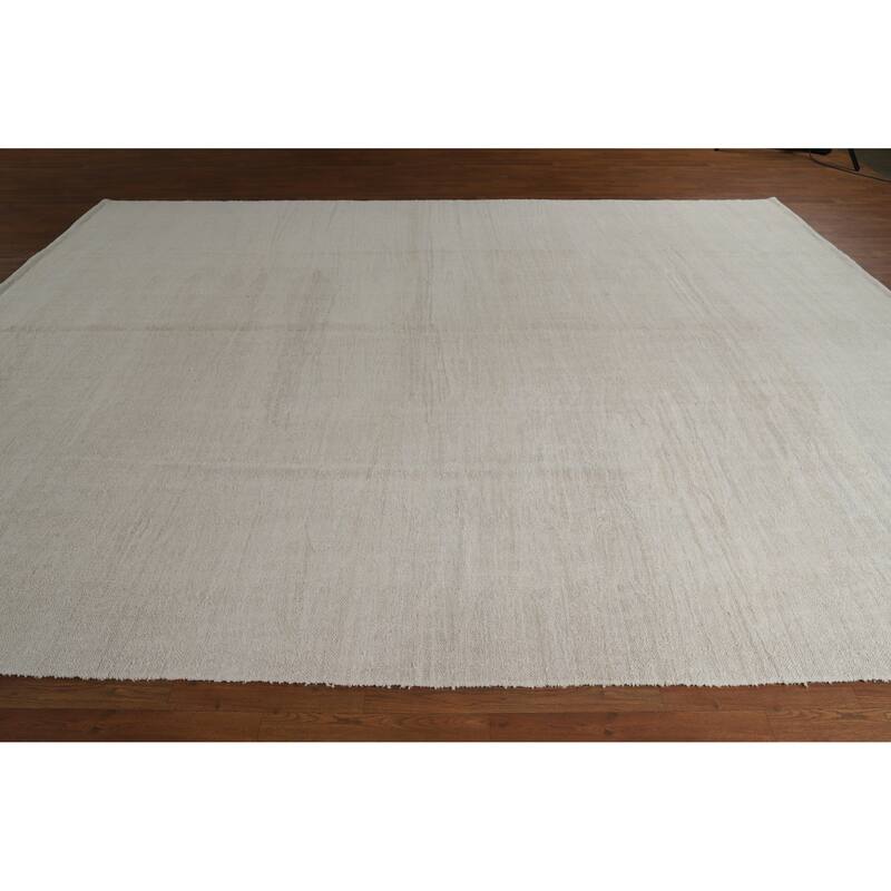 Hand Woven Oriental Cotton Carpet Modern Solid Beige & Ivories Kilim Area Rug - 12' 4'' X 9' 9''