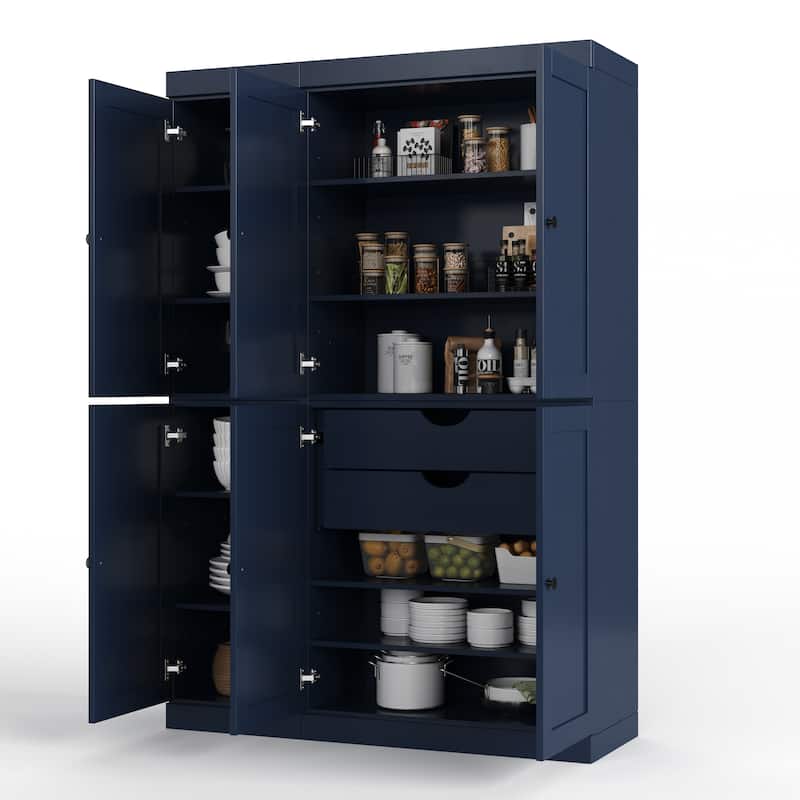 Palace Imports 100% Solid Wood 48.5" Pantry Cabinet with Shaker Doors, 2-Drawers and Adjustable Shelves - Navy