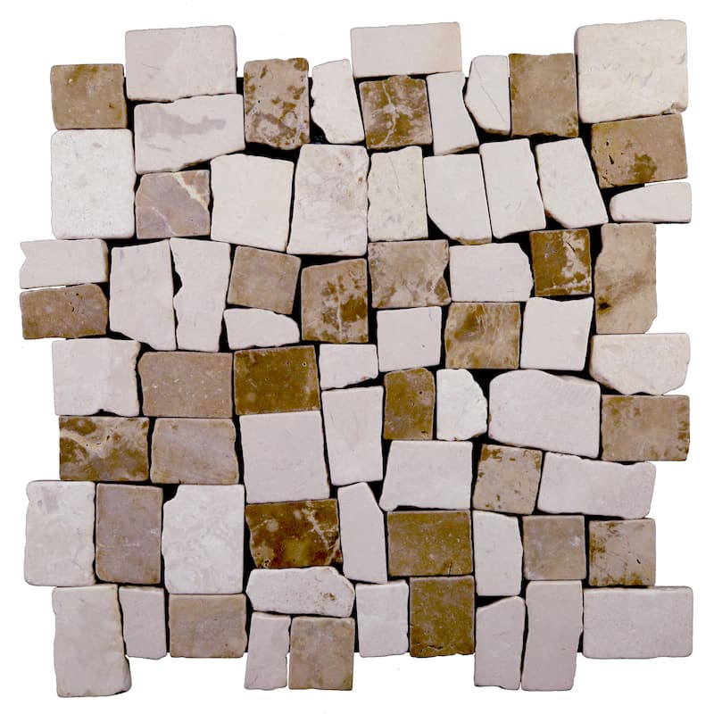 Block Mosaic 11 in. x 11 in. Marble Mesh-Mounted Mosaic Wall and Floor Tile - Tan & Off-White Marble - 11 in. x 11 in.