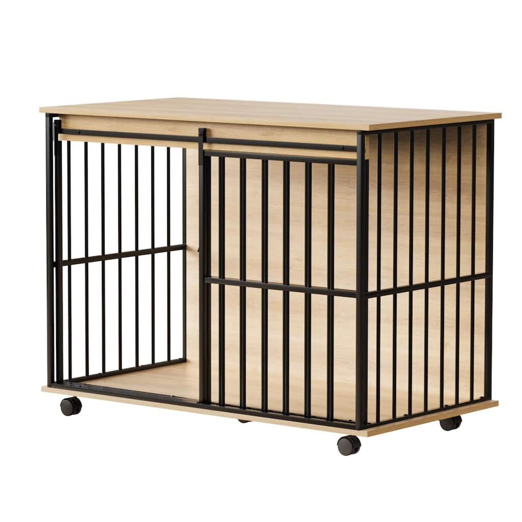 Modern Wooden Dog Crate Furniture, Large Dog Kennel Cage for Medium to Large Dogs, Pet Crate with Sliding Door & Tray