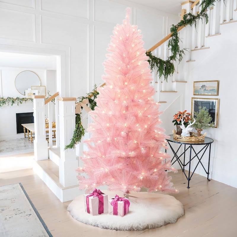 6.5Ft Pre-Lit Pink Hinged Full Artificial Christmas Tree - 78" H x 41.7" Diameter