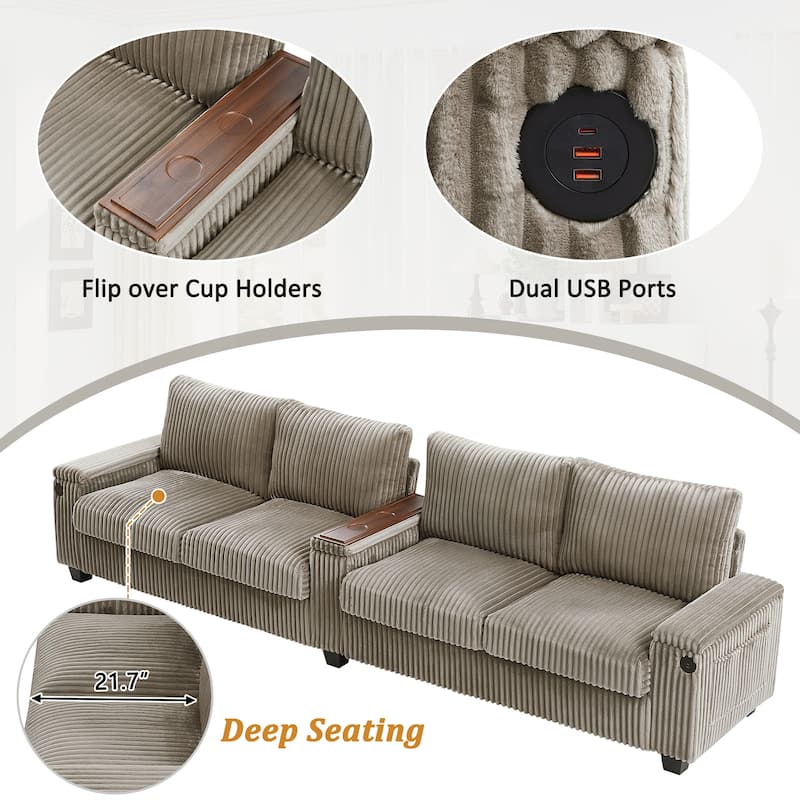 4 Seater Corduroy Sofa Couch with USB Ports and Storage Arms, 133" Modern Sofa with Side Pockets and Flip-Top Cup Holders
