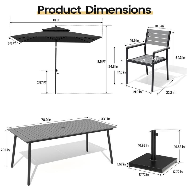 9PC Outdoor Patio Dining Set Wood-Like Aluminum Umbrella Hole Table with Stackable Armchairs,Double Top Market Umbrella and Base