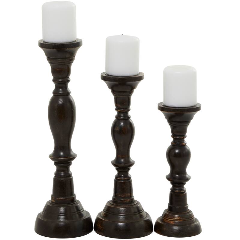 Mango Wood Candle Holder - Set of 3 Black - Roche River Decor - 6"W x 6"L x 18"H