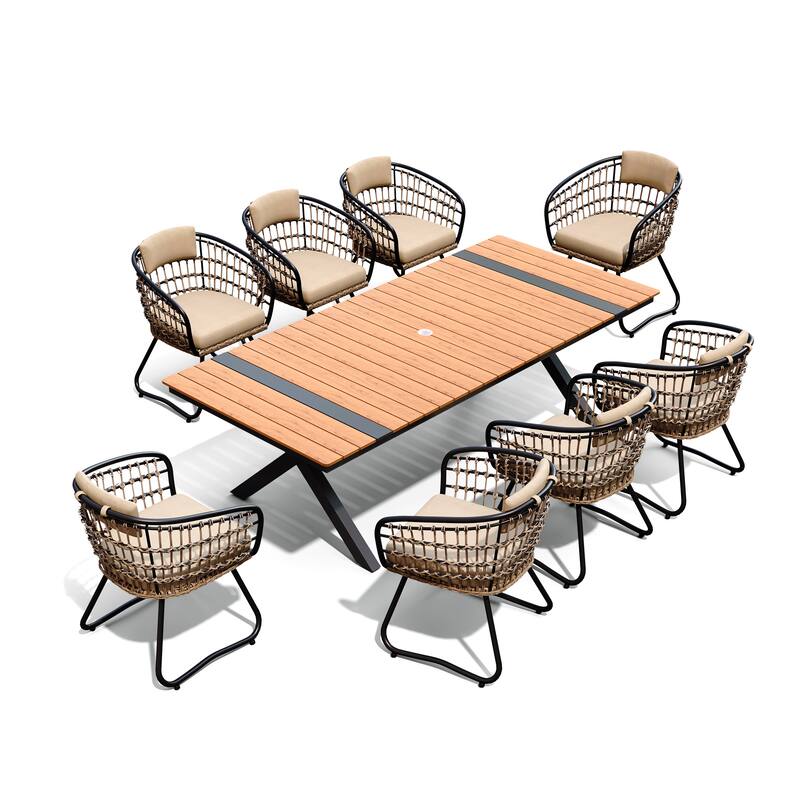 9/11PC Outdoor Patio Dining Set With Aluminum X-Frame Table Umbrella Hole Table Rattan Chairs