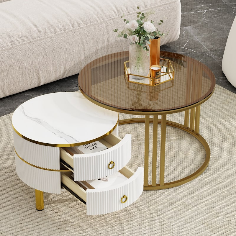 Stackable Round Coffee Table with 2 Drawers, Modern Nesting Tables - White