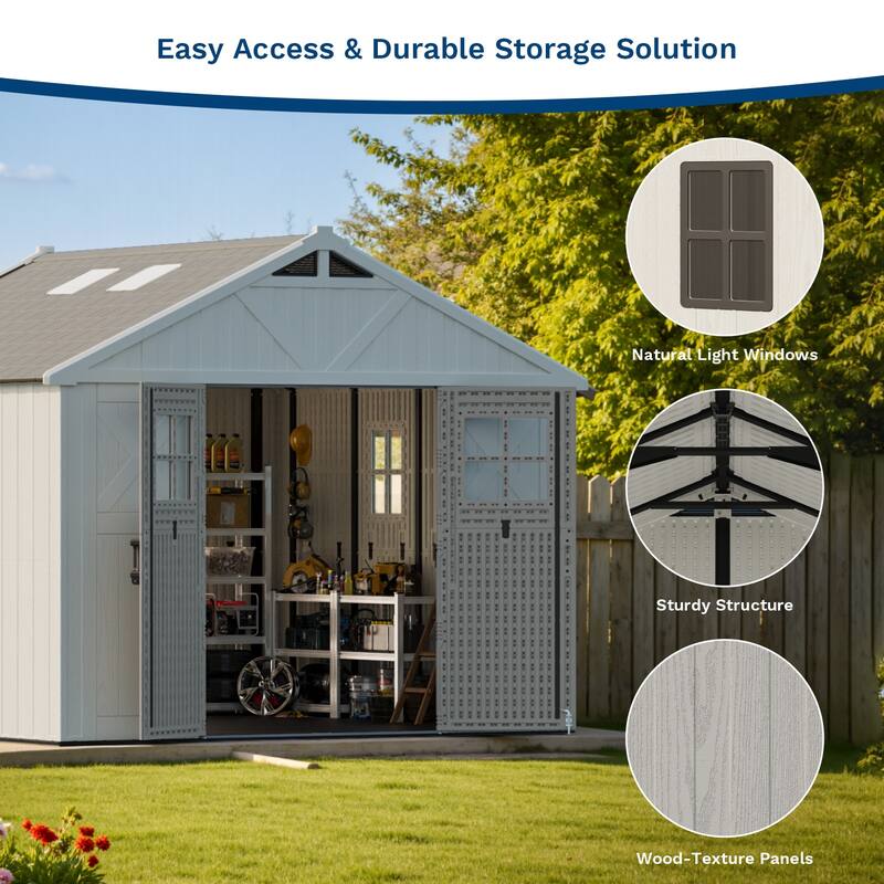 Patiowell 10 x 10 FT Resin Outdoor Storage Shed With Floor ,Weather Resistant, Organization for Home/Backyard/Garden, Off White