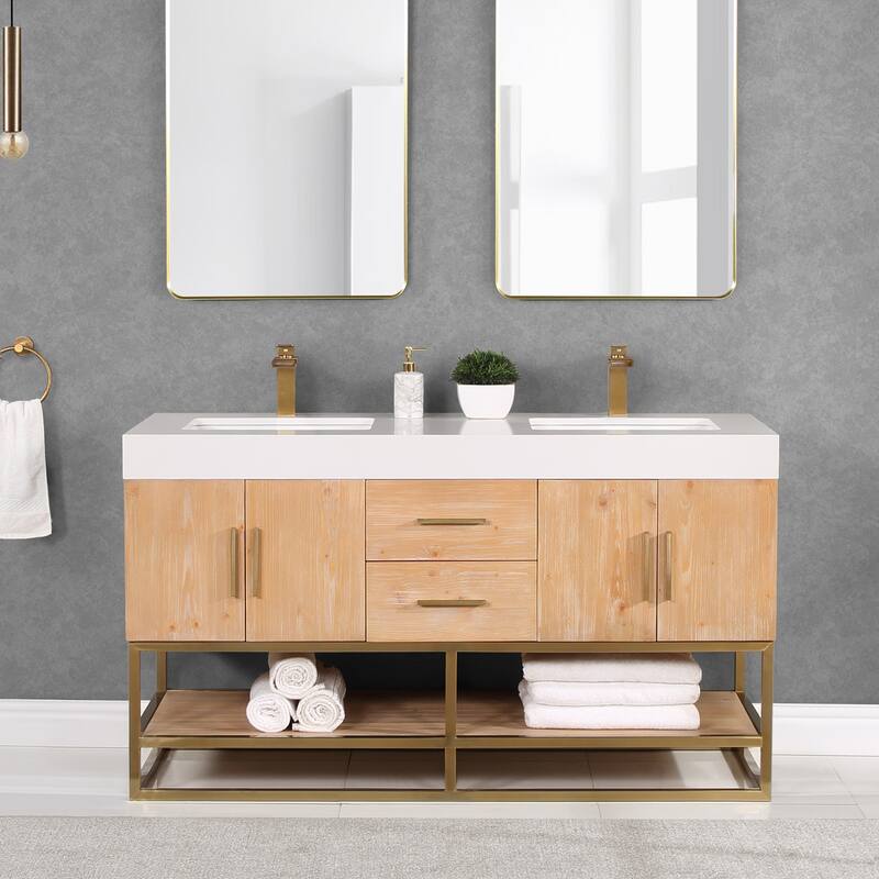 Altair Bianco Bath Vanity with White Composite Stone Top,no Mirror - 60 inch - Gold Finish - Light Brown