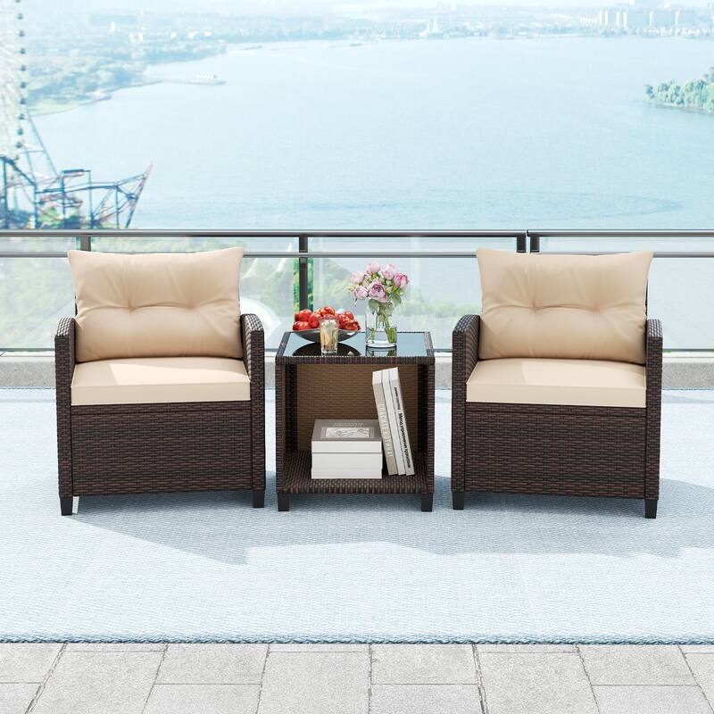 Gymax 3-Piece Patio Furniture Set PE Rattan Conversation Set w/ Glass - Beige