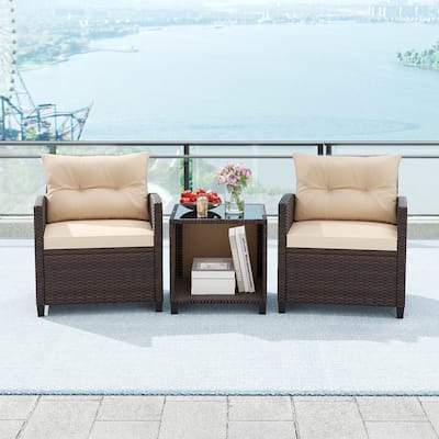 Gymax 3-Piece Patio Furniture Set PE Rattan Conversation Set w/ Glass