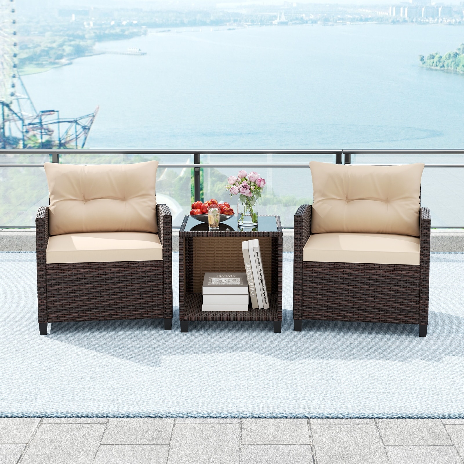 Gymax 3-Piece Patio Furniture Set PE Rattan Conversation Set w/ Glass