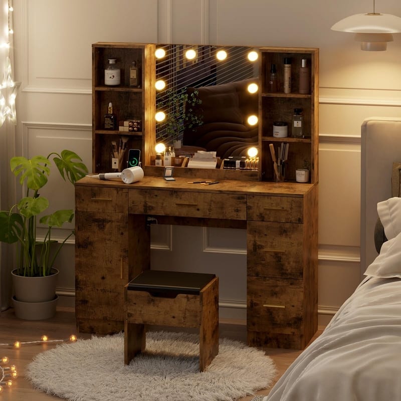 55.7" Dressing Table with LED Lights, Storage Shelves & Stool, Drawers