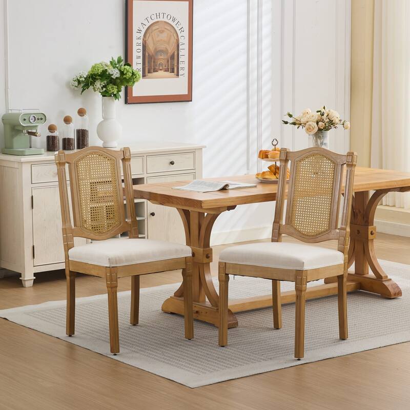 Roomfitters French Country Dining Chairs Set of 2 with Rattan Back and Upholstered Seat, Farmhouse Wood Side Chairs - Beige