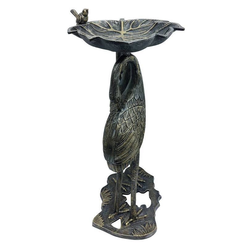 Cast Aluminum 30-in Twin Crane Bird Bath with Leaf Bowl
