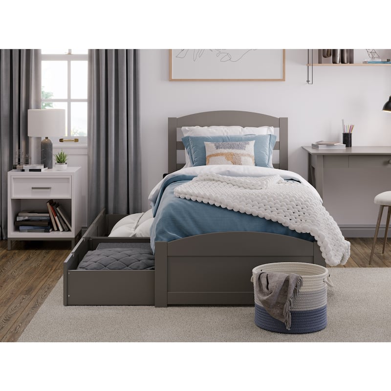 Twin Bed with Drawers & Charging Station - Grey Platform Bed Frame, No Box Spring Needed