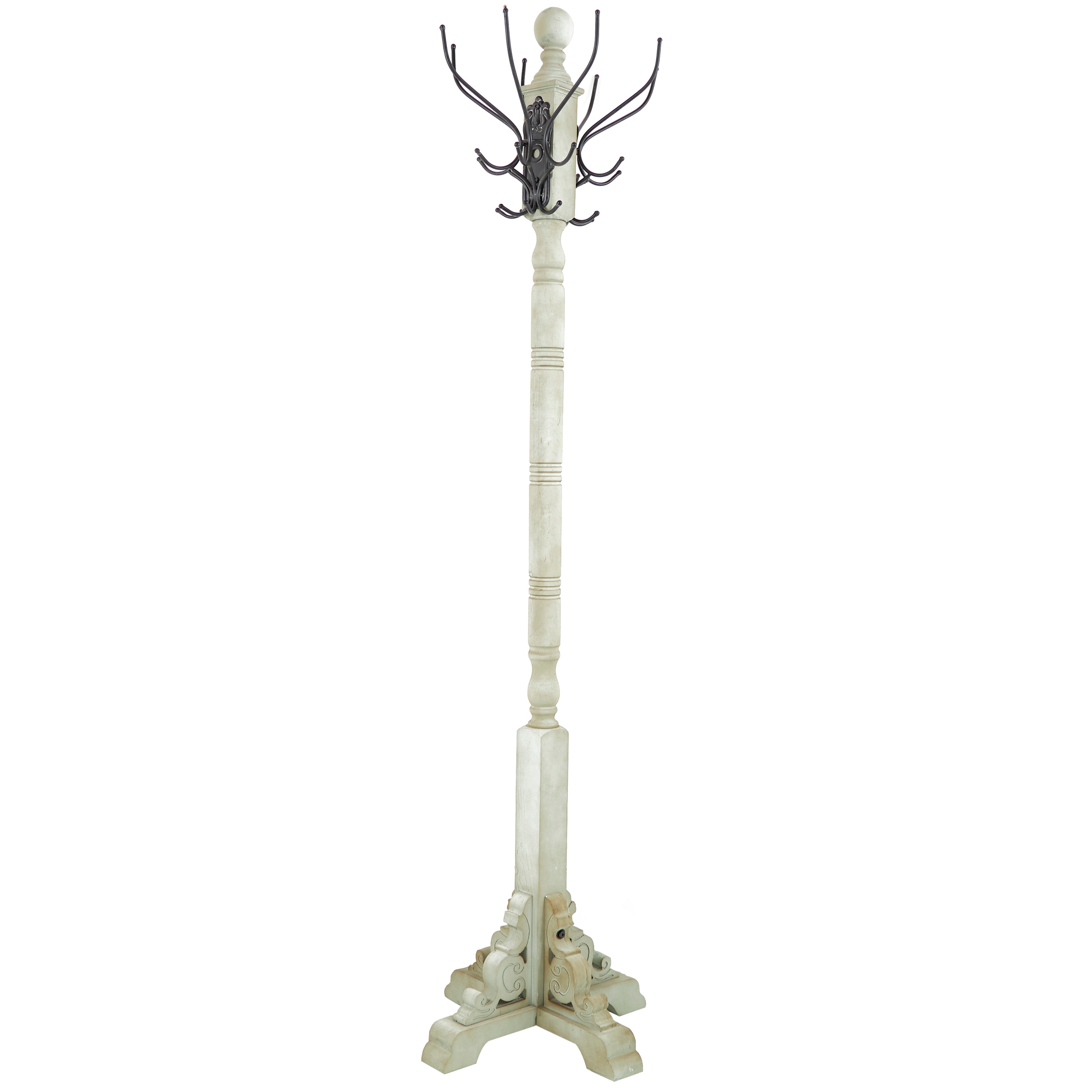 Wood Scroll Vintage Style 12 Hook Coat Rack with Black Metal Hooks - Gray - Roche River Decor