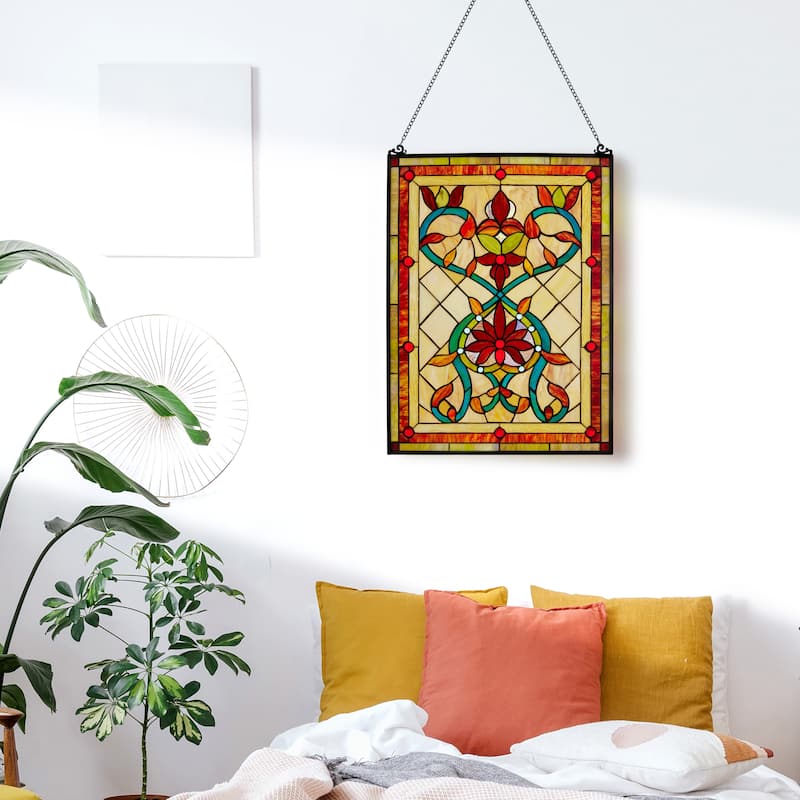 River of Goods Tiffany Style Firey Hearts and Flowers Stained Glass 24-inch Window Panel - 18"L x 0.25"W x 24"H