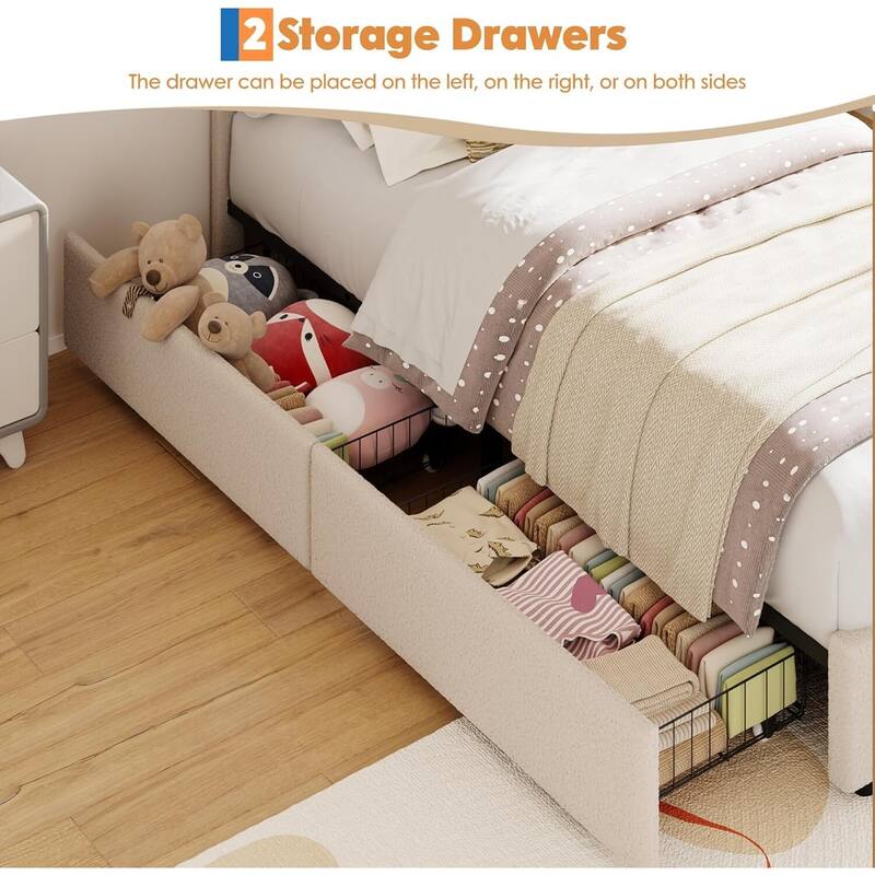 Velvet Upholstered Platform Bed Frame, with 2 Storage Drawers