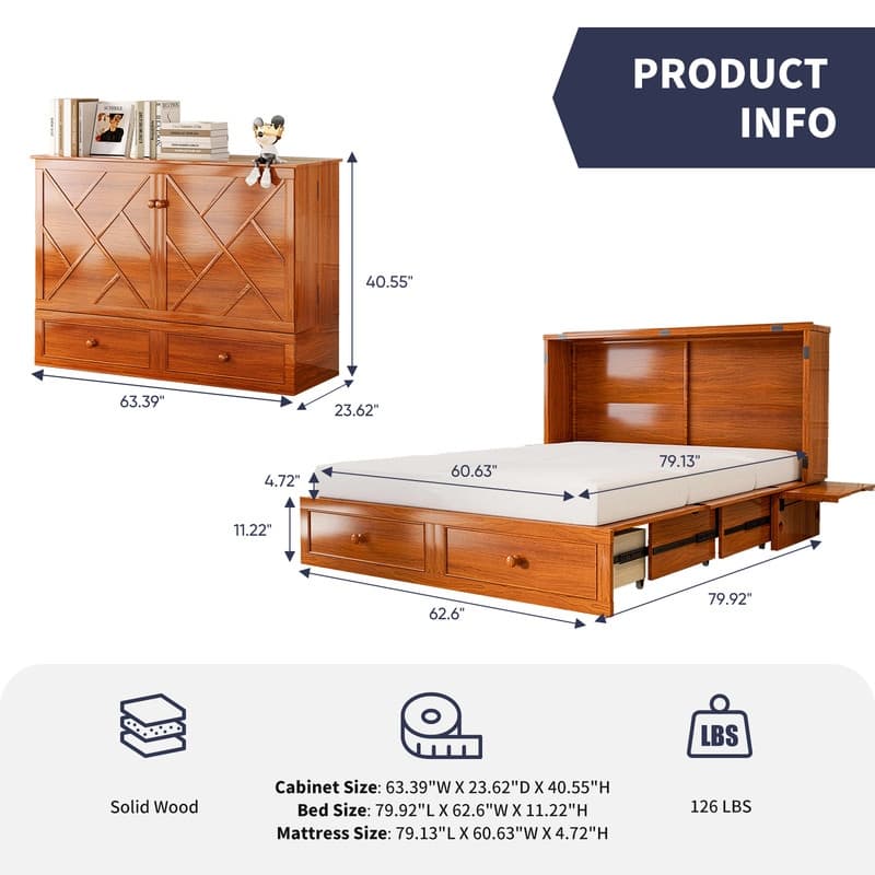 Mixoy Queen Size Murphy Bed Chest with Mattress and Storage