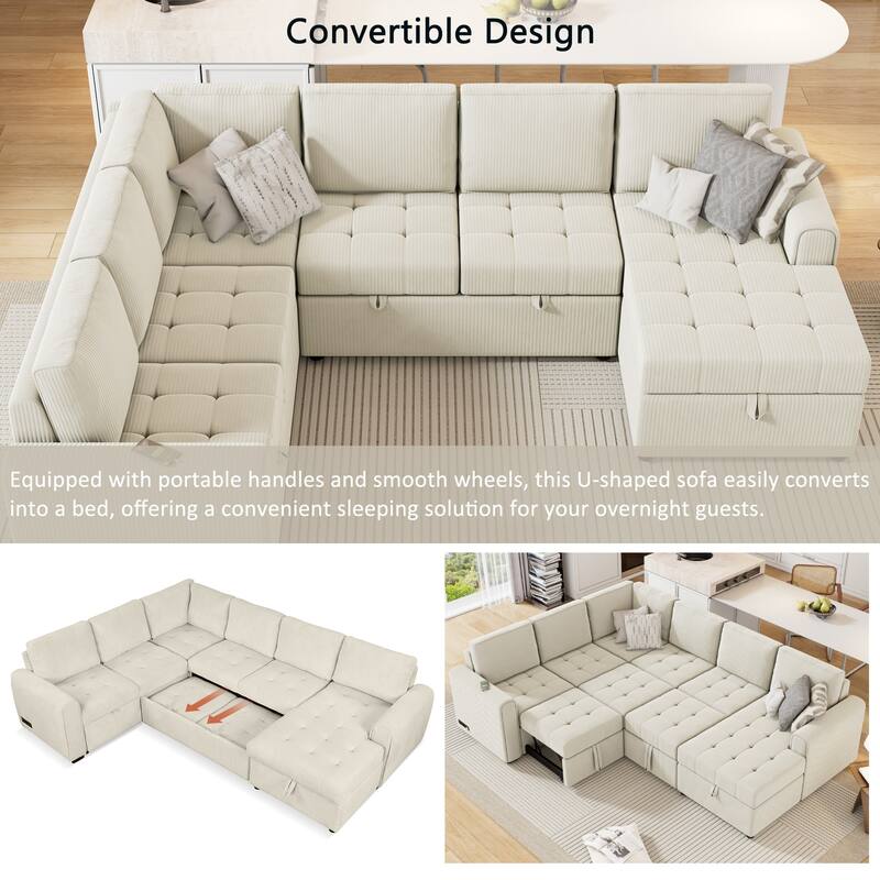 Convertible Sectional Sleeper Sofa with Pull Out Bed, Storage Chaise & Charging Devices, Oversized Corduroy U-Shaped Cloud Sofa