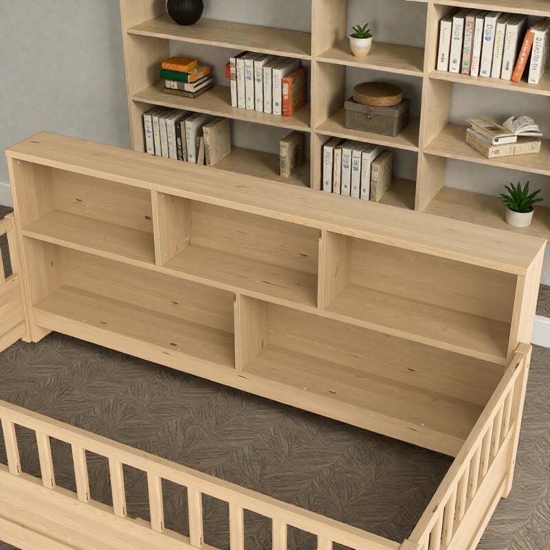 Wooden Floor Bed with Fence Guardrails, Montessori Style Kids Bed Frame with Side Storage Design