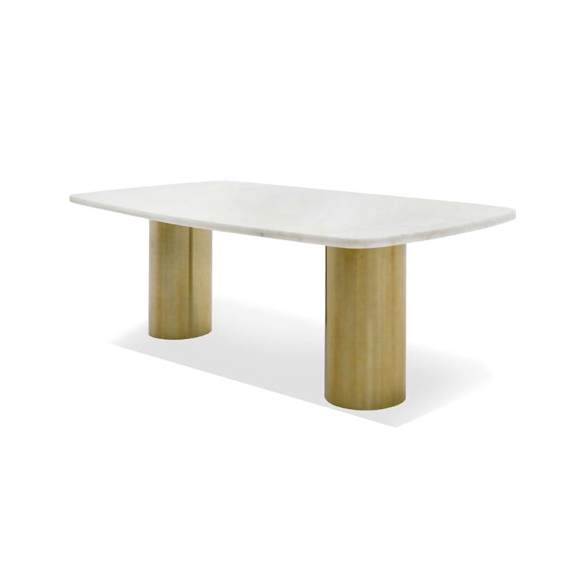 Cid Roci Dining Table, 87 Inch White Marble Top, Brushed Gold Metal Base - White, Brushed Gold