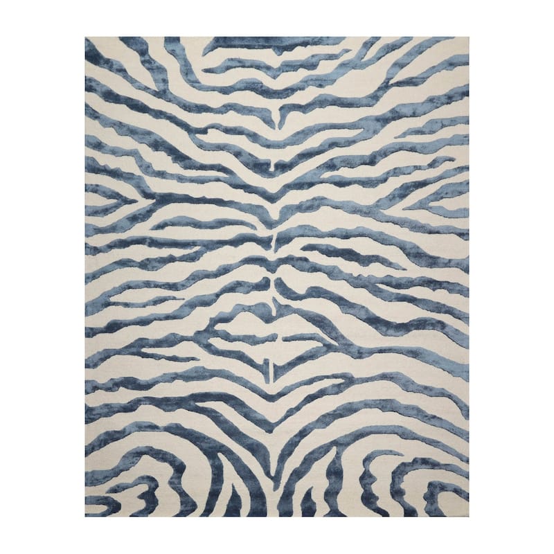 Hand Made Wool & Faux Silk Animal Print Modern Oriental Area Rug Blue
