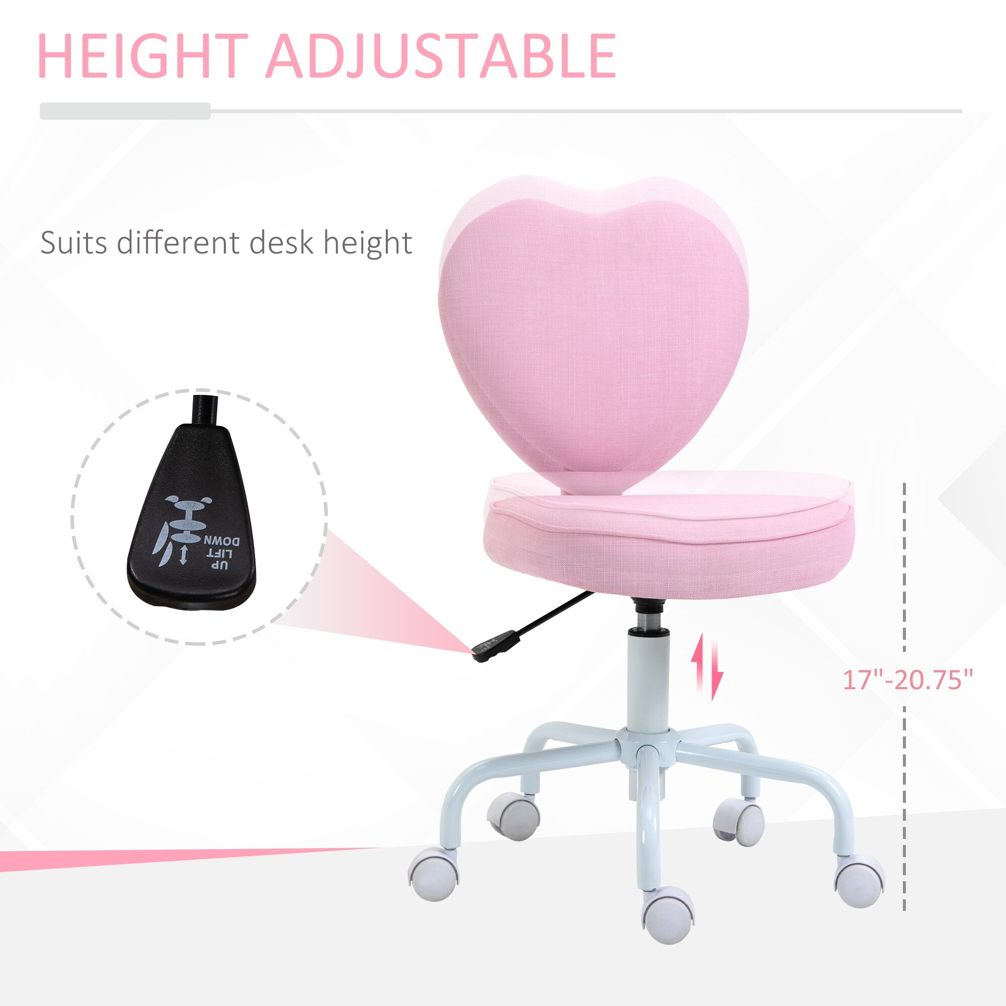 Homcom Heart Love Shaped Back Design Office Chair With Adjustable Height And 360 Swivel Castor Wheels Pink Overstock 32946459
