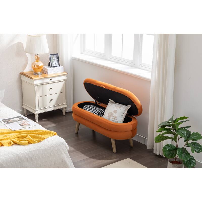 Velvet Fabric Storage Bench With Wood Legs For Living Room Bedroom