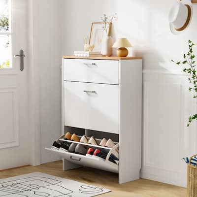 Hidden Shoe Cabinet with 3 Flip Drop-Down Door White & Oak