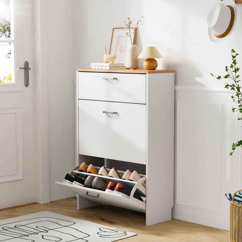 Hidden Shoe Cabinet with 3 Flip Drop-Down Door White & Oak