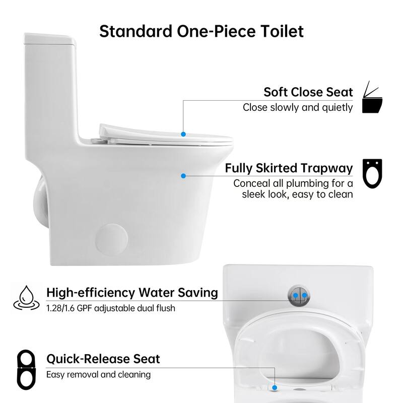 Anmytek Super Quiet One-Piece Toilet - 1.1/1.6 GPF, Elongated Comfort Height, White Ceramic with Soft Close Seat