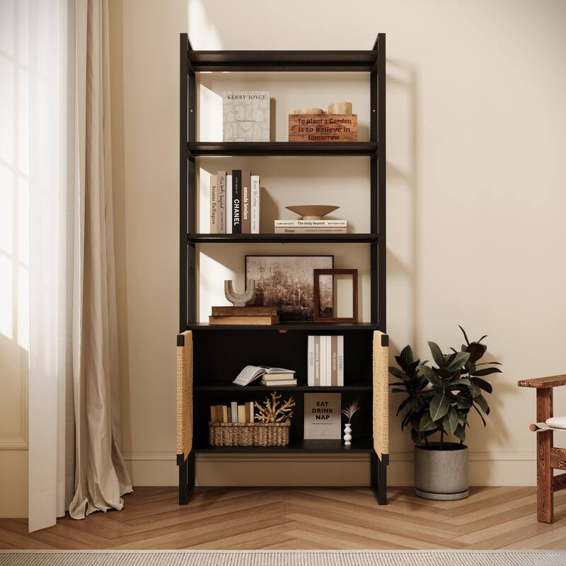 Rattan Cabinet Door Storage Bookshelf, Dual-Function Open Display Shelf with Closed Cabinet for Living Room,Entryway,Bedroom