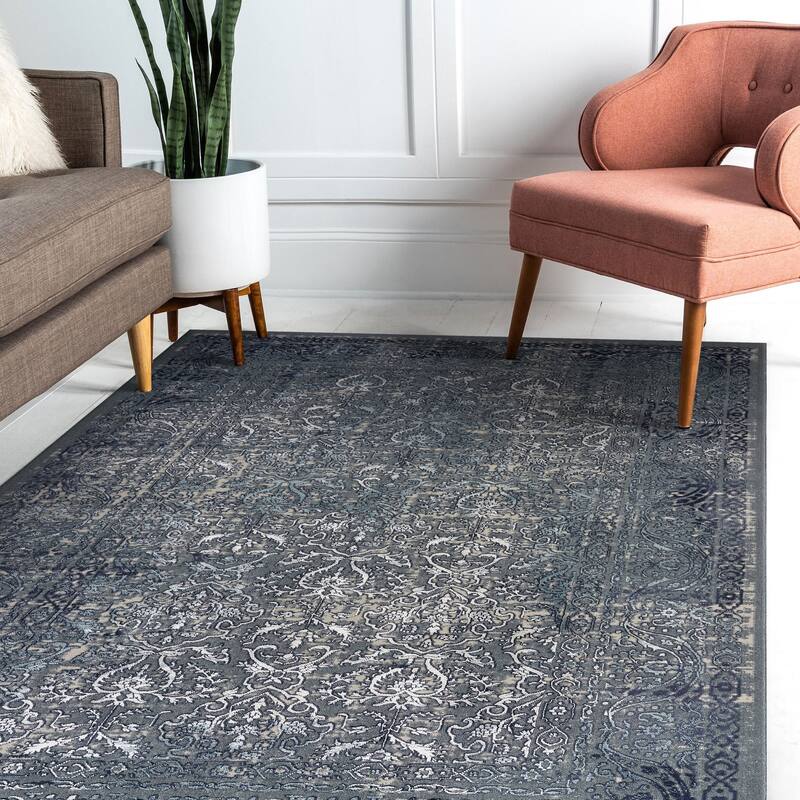 Sevita Carved Transitional Damask Polyester Area Rug, Blue and Silver