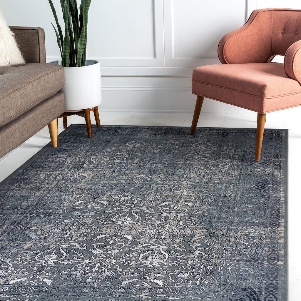 Sevita Carved Transitional Damask Polyester Area Rug, Blue and Silver