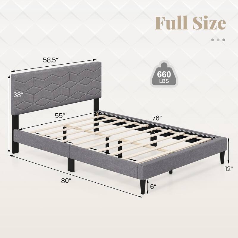 Grey Upholstered Bed Frame with Linen Headboard and Low-Profile Design Box-Spring-Free Setup