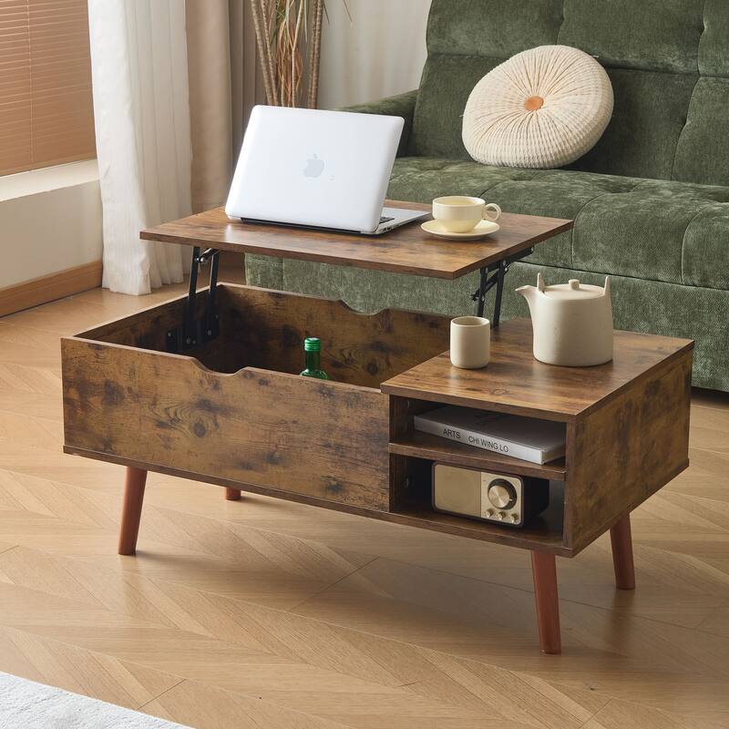 Modern Lift Coffee Table with Hidden Compartments and Adjustable Storage Shelves, for Living Room, Office - Brown