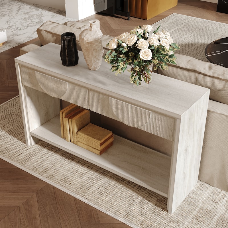 Console Table with Carved Drawers, Wood Sofa Table with Tiered Bottom Shelf, Entryway Accent Table for Living Room