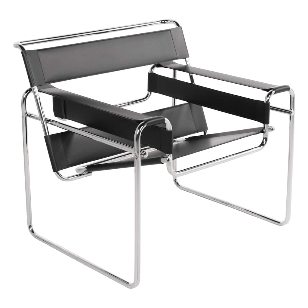 Breuer Chair Company Model B3 Wassilly Armchair Arm Chair w/ Chrome Frame & Black Bonded (REgenerated) Leather (Made in Italy)