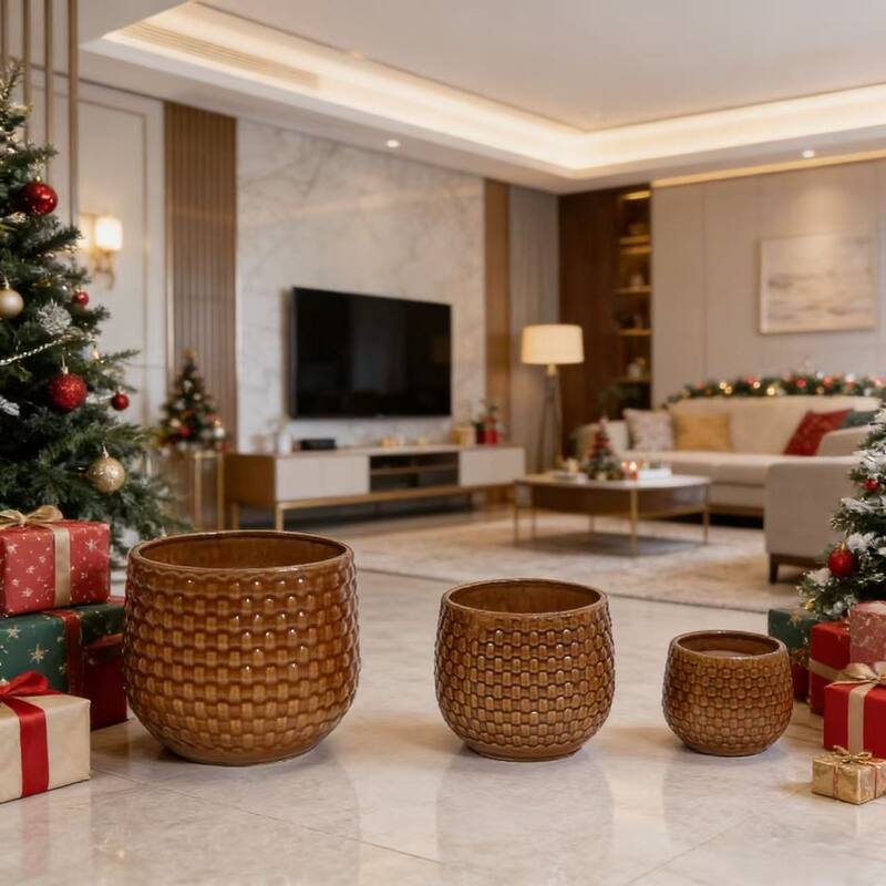 Set of 3 Ceramic Planters Geometric Texture for Orchids and Succulents - Orange+Dark Brown