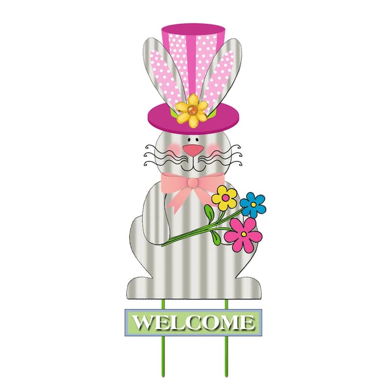 31.5" Welcome Easter Bunny Garden Stake w/ Pink Hat