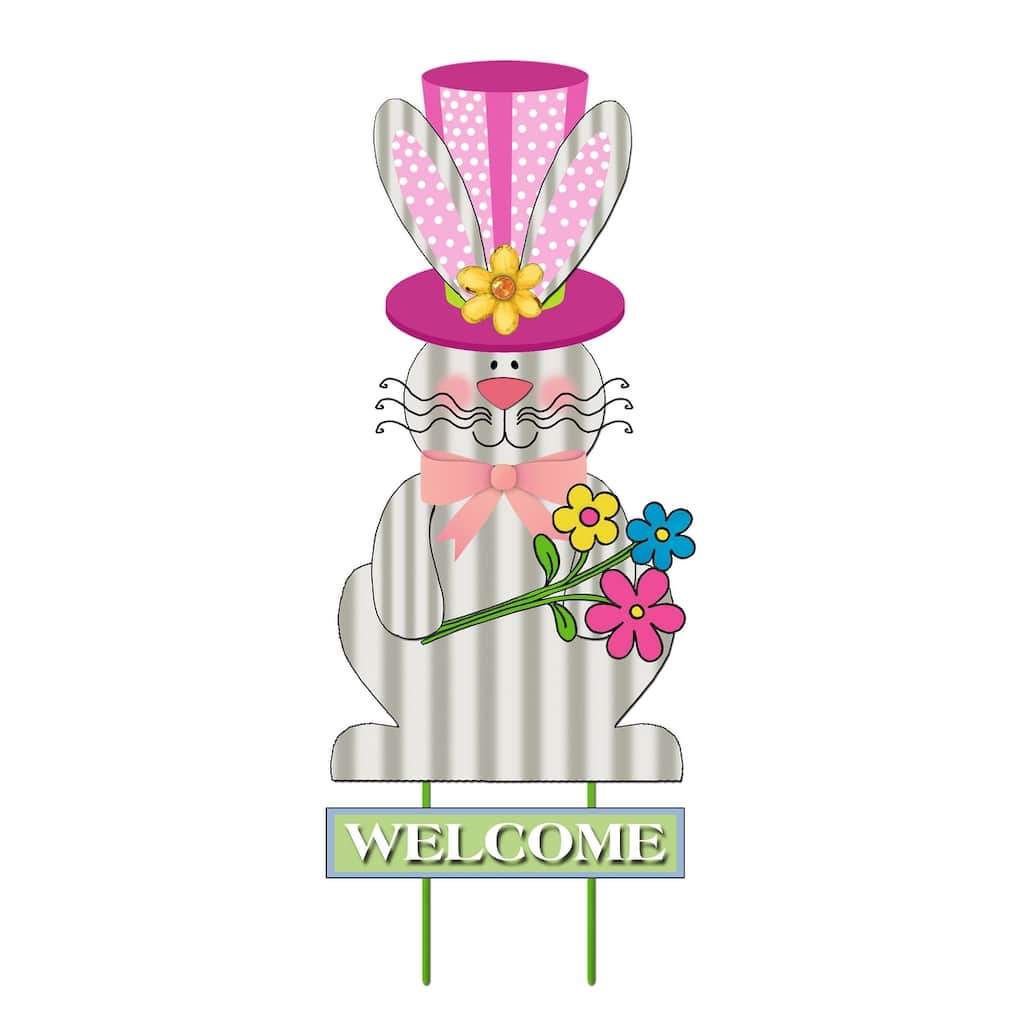 31.5" Welcome Easter Bunny Garden Stake w/ Pink Hat