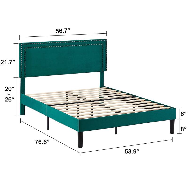 Upholstered Platform Bed Frame with Adjustable Headboard, Velvet Nailhead Trim, No Box Spring Needed