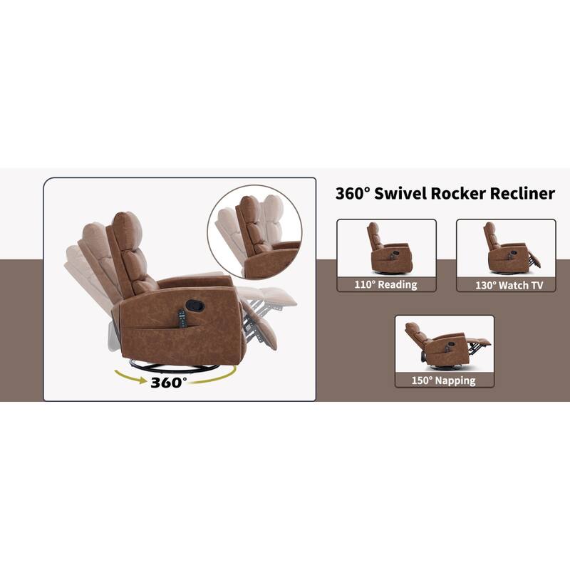 Roomfitters Manual Swivel Rocker Recliner Chair with Heat and Massage Fabric Glider Lounge Sofa for Living Room