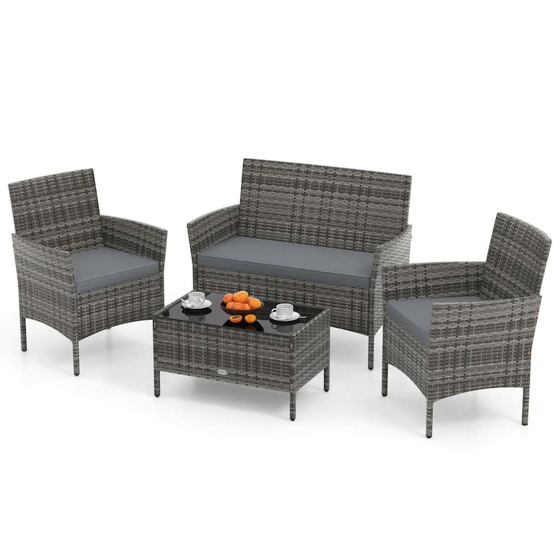 4/8 PCS Patio Rattan Conversation Set Outdoor Wicker Furniture Set - 4-Piece