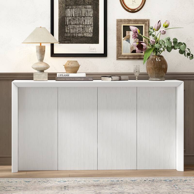 59" Wood Veneer Simple Entryway Table with Wavy Design - Beige